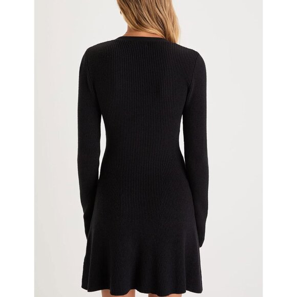 Women's Black V-Neck Ribbed Knit Mini Dress Long Sleeve Button Front - Picture 4 of 4